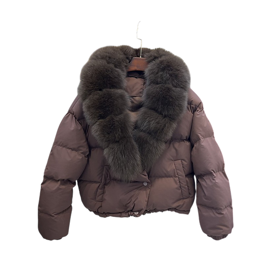 Daunenjacke mit Pelzkragen Schokoladenbraun