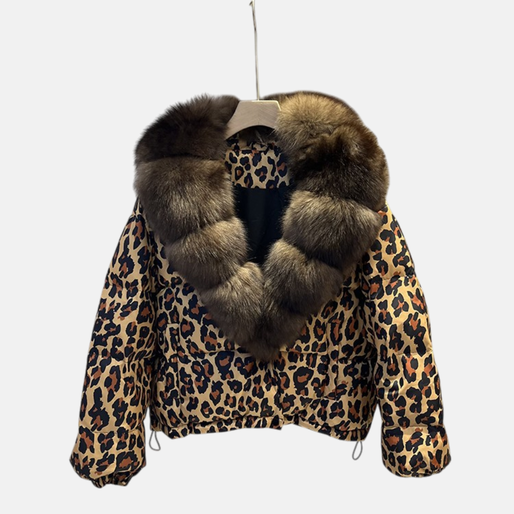 Daunenjacke mit Pelzkragen Leopardenmuster