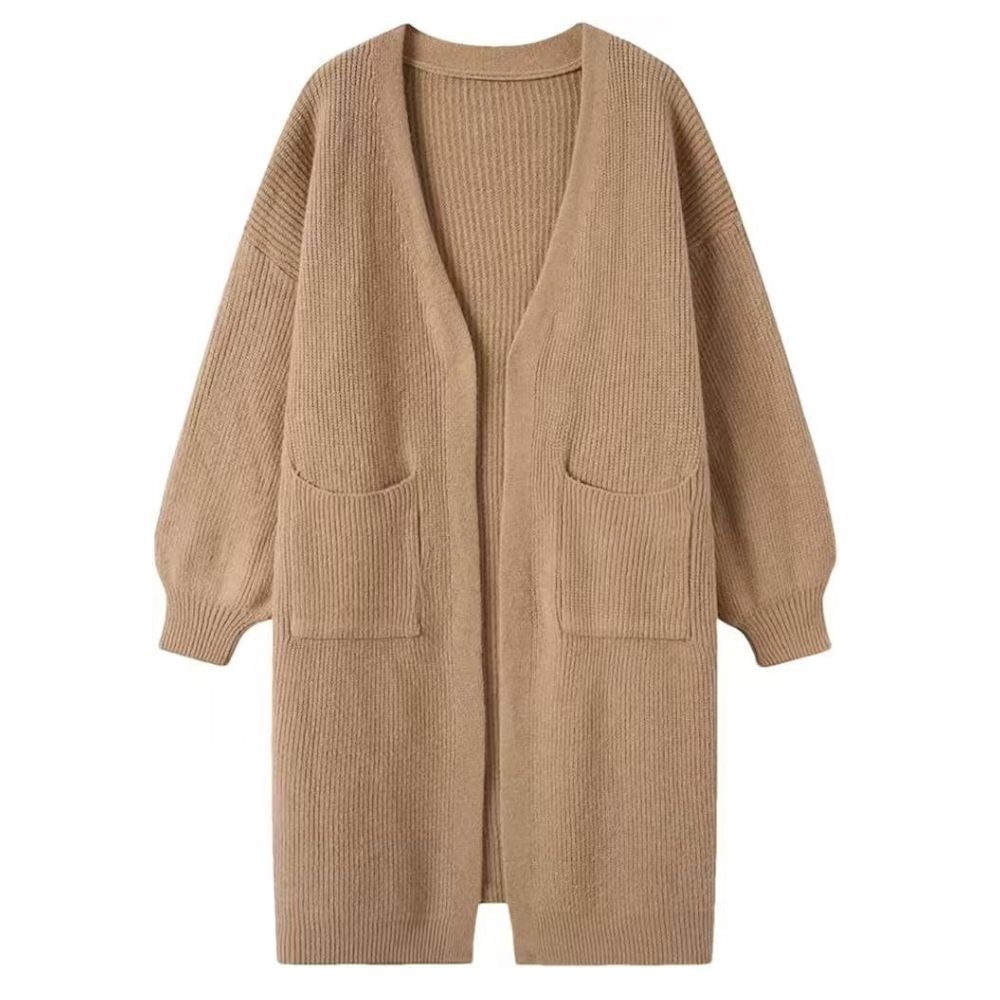 Langer, einfarbiger Damencardigan mit Taschen im koreanischen Stil