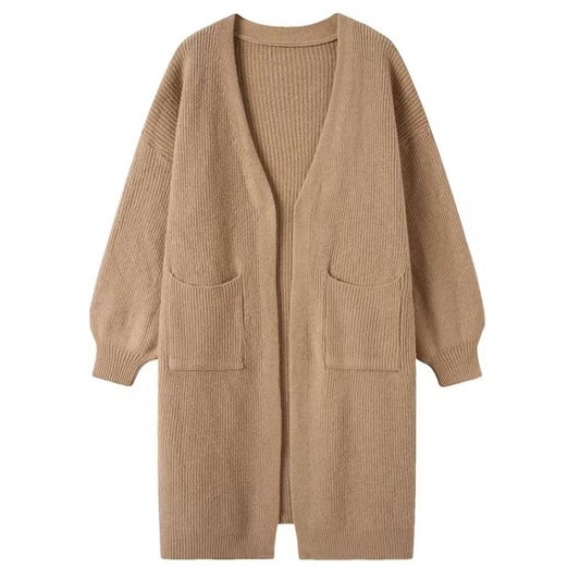 Langer, einfarbiger Damencardigan mit Taschen im koreanischen Stil