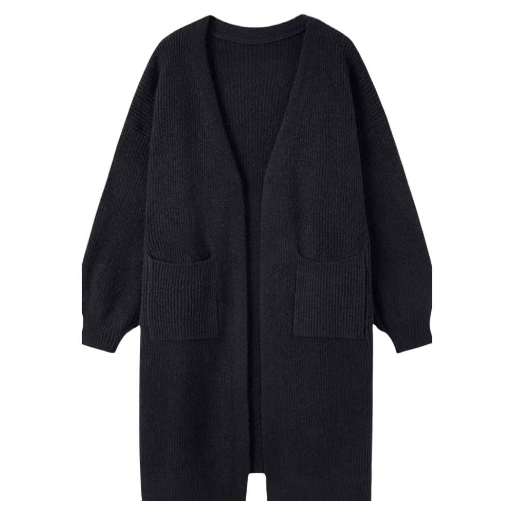 Langer, einfarbiger Damencardigan mit Taschen im koreanischen Stil
